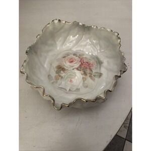 Cabbage Leaf Bowl With Roses RS Germany Porcelain Vintage Hand Painted
